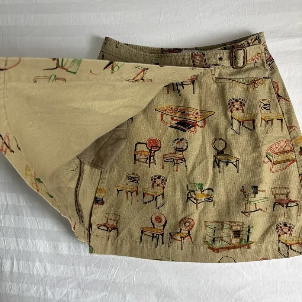 Anthropologie 9-H15 Stcl Wrap Skirt Size 4 Chair Print Cotton Novelty EUC